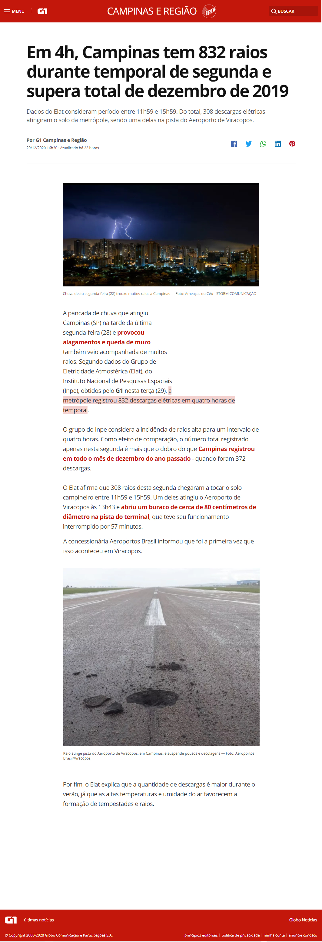 G1 Campinas e Região - Em 4h, 	Campinas tem 832 raios durante temporal e supera total de dezembro de 2019